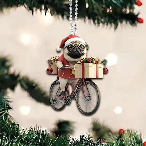 2Dフラットパグオーナメント、自転車に乗るパグ犬、パグ犬の車吊り下げ