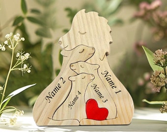Rompecabezas de madera de familia de leones - Figuras de animales para 5 personas - Decoración familiar - Recuerdo familiar - Regalo para padres - Familia de animales - Regalo para el Día de la Madre