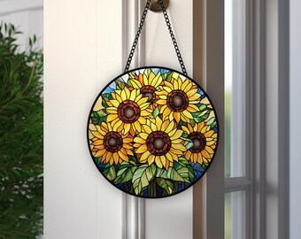Sunflower Stained Glass Suncatcher, Suncatcher Window Decor Sunflower Glass Window Wall Gifts, Sunflower Lover Gift for Grandma Mom