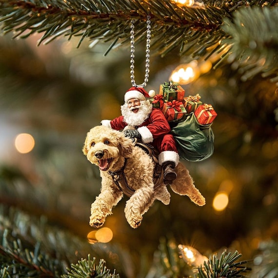 2D  Goldendoodle Dog Ornament, Santa Hats Acrylic Dog Hanging Ornament, Santa and Dog Colorful Home Decor, Christmas Gifts, Dog Lover Gifts
