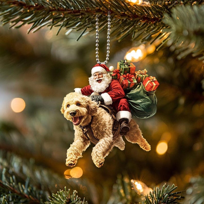 May include: A Christmas ornament featuring Santa Claus riding a golden doodle dog, carrying a bag of presents. The ornament is decorated with red, green, and white colors.