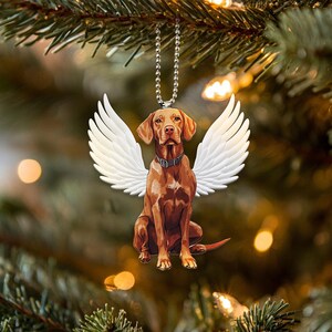 Könnte beinhalten: Ein brauner und weißer Hund mit Engelsflügeln, ein Weihnachtsornament.