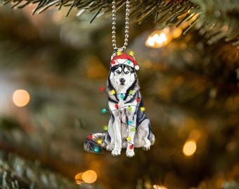 Sibirischer Husky-Weihnachtsbaumschmuck, Husky mit Weihnachtsmütze und Lichterkette, Autoanhänger mit sibirischem Husky, Weihnachtsgeschenk, Geschenk für Husky-Liebhaber
