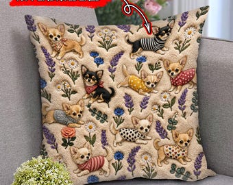 Chihuahua Dog Pillow (2D FLAT PRINTED), Faux Embroidery Dog Cushion, 3D Effect Print Chihuahua  Decor, Cute Dog Mom Gift