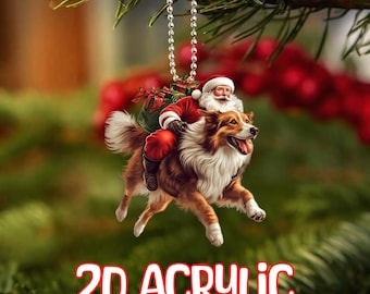 2D plat ruw collie-ornament, kerstman rijdt ruw collie-ornament, 2D-plat ornament collie, hondencadeaus, autobedels, cadeaus hondenliefhebber