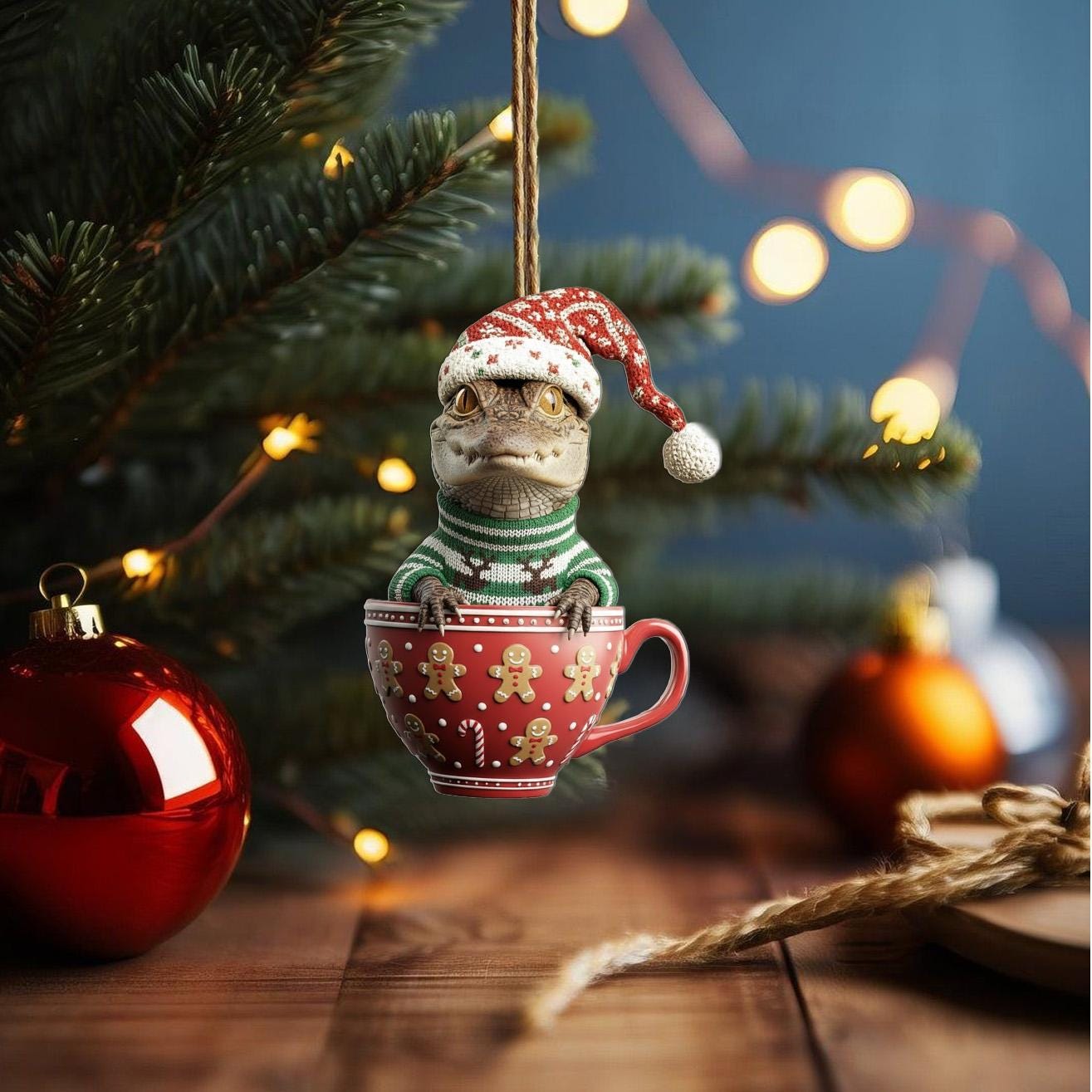 2Dワニのオーナメント、カップに入ったワニのクリスマスオーナメント