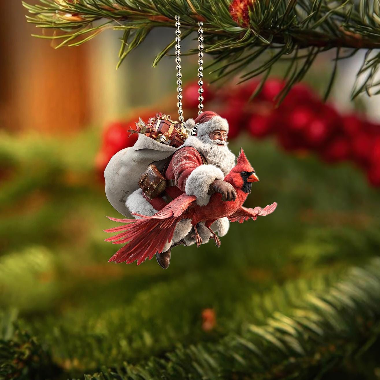 2D Santa Riding Cardinal Bird Ornament, Cardinal Bird Ornament, 2D