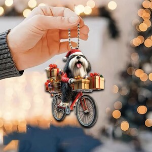 Ornement plat 2D drôle de colley barbu, chien conduisant un vélo, ornement suspendu mignon de voiture de chien, cadeaux de Noël, cadeau d'amant de chien