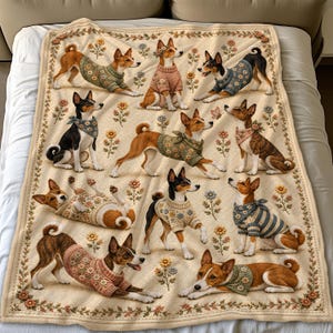 May include: A cream-colored throw blanket featuring a repeating pattern of Basenji dogs in various poses. The dogs are wearing knitted sweaters and bandanas with floral motifs. Small, colorful flower illustrations are scattered across the fabric.