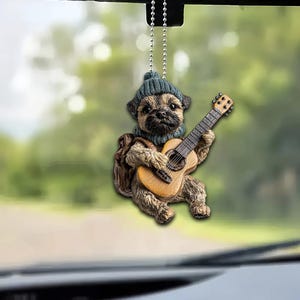 Adorno divertido de Border Terrier, perro tocando la guitarra, adorno colgante plano 2D, regalo de Navidad, regalo para amantes de los Border Terrier, regalo para amantes de la guitarra