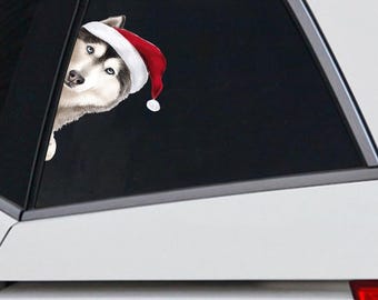 Alaskan Malamute Dog With Santa Hat Car Sticker, Dog Lover Gifts, Alaskan Dog Car Sticker, Car Window Decals, Waterproof Stickers