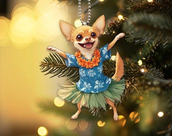 2D plat chihuahuaornament, chihuahuahond Aloha-ornament, hond auto hangend ornament, kerstornament, kerstcadeau, hondenliefhebber cadeau