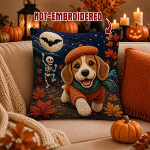 Funny Beagle Halloween Pillow, Beagle Throw Cushion, Spooky Skeleton Dog Lover Gift, Cozy Fall Faux Embroidery Print Decor