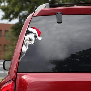 May include: A red car window with a sticker of a black and white dog wearing a red Santa hat. The dog is peeking out from behind the window frame, creating a festive holiday scene.