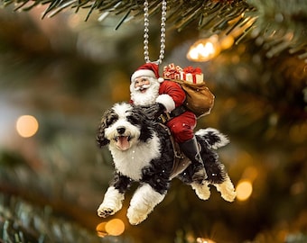 2D Flat Bernedoodle Ornament, Dog with Santa Ornament, Santa and Dog Ornament, Car Hanging, Christmas Gift, Bernedoodle Dog Lover Gifts