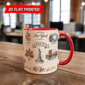 Kubek „Dumny nowojorczyk”, pamiątka z wakacji w Empire State, kubek do kawy z zabytkami Nowego Jorku w stylu retro, prezent podróżny z mostu Brooklińskiego i wodospadu Niagara