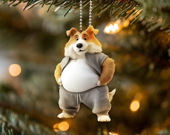 2D plat ruw collie-ornament, ruw collie-hondornament, hondenauto hangend ornament, kerstcadeaus, geschenken hondenliefhebber