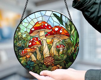Atrapasueños de setas, setas de vidrieras estilo cottagecore para decoración del hogar, arte colgante de ventana con forma de luna y setas, regalo de cumpleaños para ella, mamá y abuela.