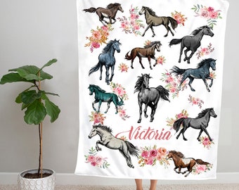 Personalized Floral Horse Blanket| Custom Name Blanket| Horse Blanket For Baby Girl Horse Lover| Birthday Gift