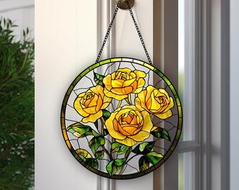 黄色のバラの花束のステンドグラスサンキャッチャー、バラの花束の窓