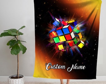Rubiks kub filt med namn, Rubiks kub filt, magisk kub filt, Rubiks hastighetskub fleecefilt, pusselkub filt för vuxna