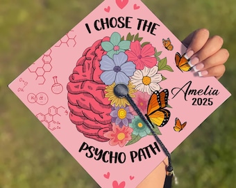 Gepersonaliseerde afstudeerhoedversiering voor psychologen, afstudeerhoed voor psychologen in de geestelijke gezondheidszorg, Ik koos voor het psychopathisch pad, afstuderen in de geestelijke gezondheidszorg 2025