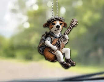 2Dフラットジャックラッセルテリアオーナメント、ギターを弾く犬、2Dフラット吊り下げオーナメント、クリスマスギフト、犬好きへのギフト、ギター好きへのギフト