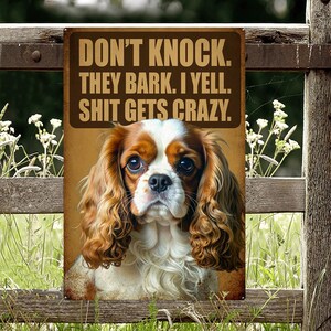 Könnte beinhalten: Metallschild mit einem Cavalier King Charles Spaniel und dem Text "DON'T KNOCK. THEY BARK. I YELL. SHIT GETS CRAZY." Das braune, verwitterte Schild ist an einem Holzzaun mit Gras und weißen Blumen befestigt.