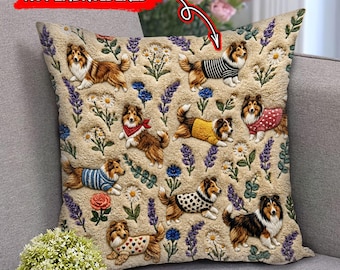 Rough Collie Floral Pillow (2D FLAT PRINTED), Faux Embroidery Dog Cushion, 3D Effect Print Collie Dog Decor, Cute Dog Mom Gift