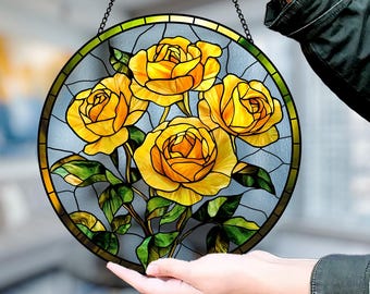 黄色のバラの花束のステンドグラスサンキャッチャー、バラの花束の窓