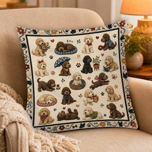 May include: A square throw pillow featuring a cream-colored background with a repeating pattern of various brown and cream-colored doodle-style dogs. The dogs are depicted in different poses, some with accessories like umbrellas, books, and gifts, all framed by a floral border.