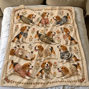 May include: A cream-colored throw blanket featuring a repeating pattern of beagle dogs wearing various knitted sweaters and floral bandanas, interspersed with small floral motifs and a decorative border of flowers around the entire edge.