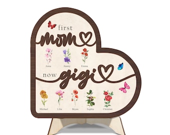 First Mom Now Grandma Wooden Sign, Custom Birth Month Flower Wooden Plaque, Personalized Birthflower Sign, Mothers Day Gift, Gifts for Gigi