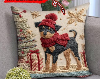 NON-EMBROIDERED – 2D Flat Polyester Printed Miniature Pinscher Xmas Pillow, Pinscher Dog With Gifts, Home Decor, Holiday Gifts, Dog Gifts