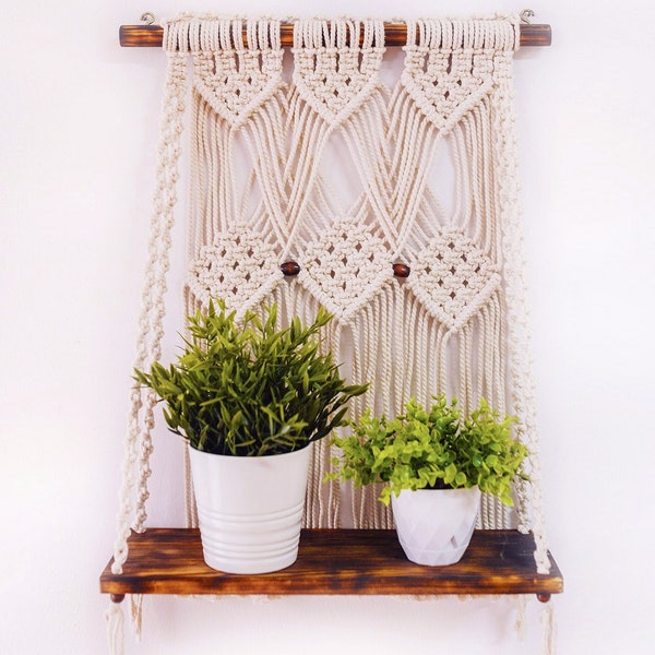 Estante de Macrame, Estante de pared, Estante colgante, Pared de estantes colgantes, Estante de dormitorio, Percha de planta de Macrame