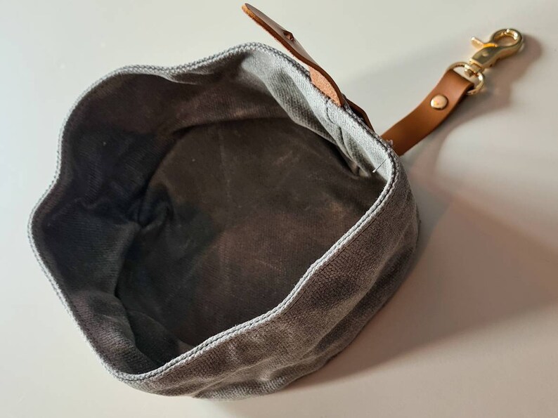 Travel Dog Bowl. Canvas with Belt Clip Eco-Friendly Waxed Canvas Waterproof & Portable Puppy Water Food Bowl. Birthday Present Gift. Grey