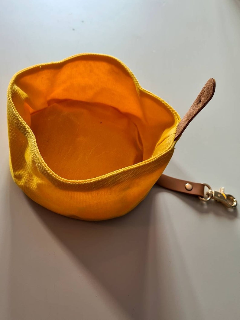 Travel Dog Bowl. Canvas with Belt Clip Eco-Friendly Waxed Canvas Waterproof & Portable Puppy Water Food Bowl. Birthday Present Gift. Yellow