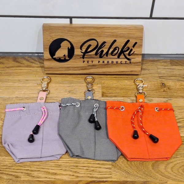 Dog Treat Pouch. Bag with PU Leather Belt Clip - Water Resistant, Eco-Friendly Waxed Canvas. Dog Walking. Puppy Accessory. Birthday Gift.