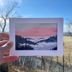 Pink Horizon and Hazy Hills: Mountain, Painting, Art, Watercolor, Print, Appalachia, Hiking, Blue Ridge Mountains, Shenandoah, Virginia, Fog