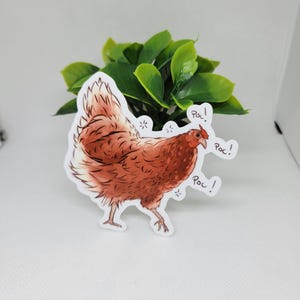 May include: A brown and white chicken sticker with the word "Roc!" repeated three times. The chicken is facing right and has a red comb and wattle.