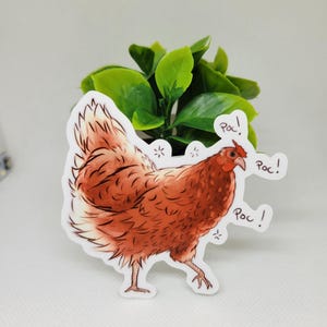 May include: A brown and white chicken sticker with the word "poc!" written in a speech bubble. The sticker is on a white background.