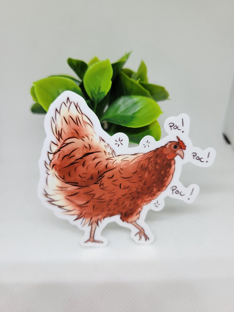 May include: A sticker of a brown chicken with a red comb and wattle. The chicken is walking and has three speech bubbles that say "Poc!" in black text.