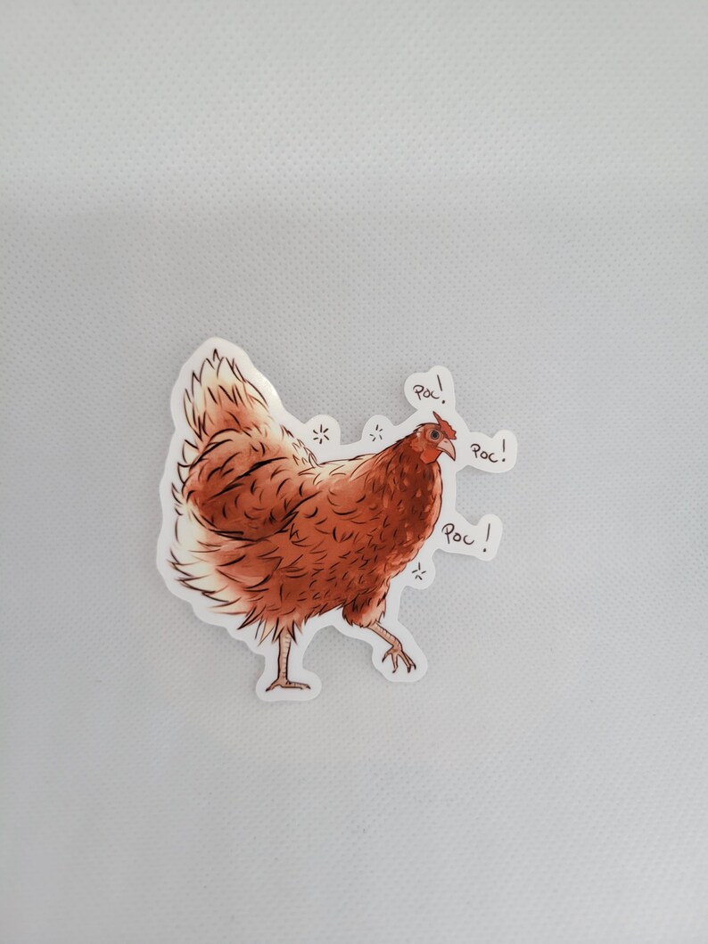May include: A brown chicken sticker with the word "poc!" written three times around it.