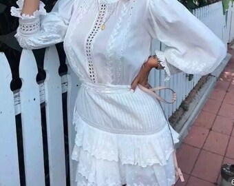 White Cottagecore Mini Dress, Boho Honeymoon, Beach Style, & Tiered, Lace, Ruffle Skirt, Long Sleeve + Petite Sizes