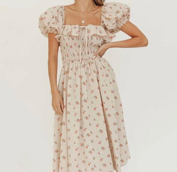 Regency Floral Midi Dress Milkmaid Style With Puff Sleeve/off - Etsy