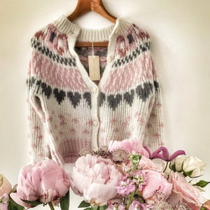 Heart Pattern, Womens Fair Isle Cardigan, Hand Knit, Cottagecore Sweater in Pastel Pink, White, & Grey