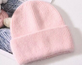 100% Pure Cashmere Light Dusky Pink Ribbed Beanie Hat Fisherman Knit Warm BNWT 