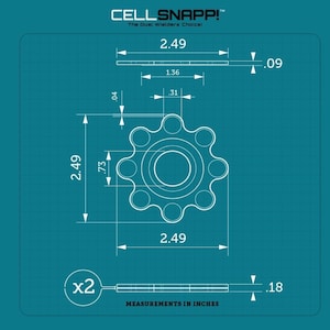 May include: A technical drawing of a metal washer with a 7-point star shape. The washer is 2.49 inches in diameter and 0.73 inches thick. The drawing includes measurements in inches.