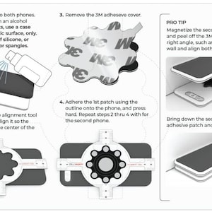 May include: Instructions for attaching two phone cases together using a magnetic adhesive patch. The instructions include cleaning the cases, removing the adhesive cover, aligning the patch, and pressing the cases together.