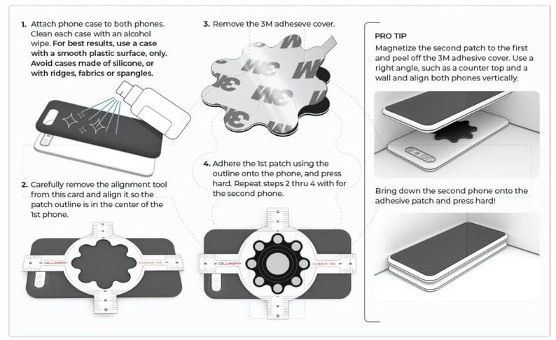 May include: Instructions for attaching two phone cases together using a magnetic adhesive patch. The instructions include cleaning the cases, removing the adhesive cover, aligning the patch, and pressing the cases together.